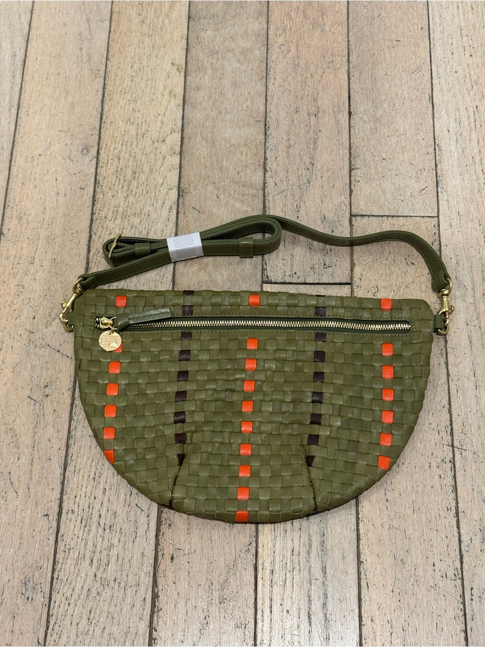 Clare V. Grande Fanny Olive Woven Crossbody Bag with Orange Accent